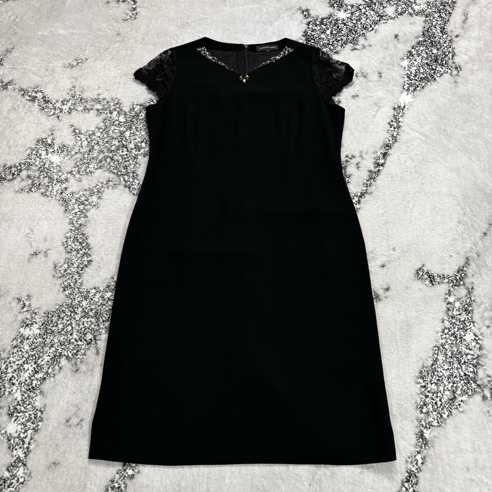 Luciano Choi Black Sheath Dress 12 Lace Cap Sleeves Beaded Neckline Cocktail